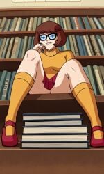 ai_generated breasts brown_hair clothed clothed_female clothing female female_only glasses knee_socks kneehighs kneesocks library orange_socks scooby-doo scooby-doo!_mystery_incorporated shoes skirt socks socks_and_shoes solo solo_female velma_dinkley velma_dinkley_(mystery_incorporated)