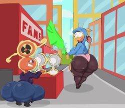 2023 2024 2girls animated ass big_ass big_breasts big_butt black_eyelashes blue_eyes blue_hoodie blue_jacket blue_sky breasts brown_body brown_fur buildings city city_background digital_media_(artwork) electric_fan fakemon fan girafarig green_skirt hi_res honne_dell huge_ass huge_butt hyper_ass hyper_butt jacket jeans living_tail long_pants mostly_nude nintendo no_sound open_mouth panties pink_panties pokemon pokemon_(species) powers purple_yoshi_draws rotom shocked shocked_expression shocked_eyes short_playtime shorter_than_10_seconds skirt sound_effects squatting tagme teeth_showing text text_on_sign video yellow_body