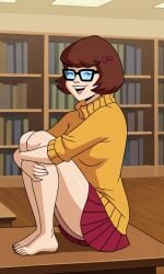 ai_generated barefoot breasts brown_hair clothed clothed_female clothing feet female female_only foot_fetish glasses library scooby-doo scooby-doo!_mystery_incorporated skirt solo solo_female velma_dinkley velma_dinkley_(mystery_incorporated)