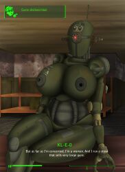 assaultron assaultron_(fallout) big_breasts black_nipples dialogue el-loko fallout fallout_4 female green_body kleo_(fallout) lazer_eyes metallic_body robophilia robot robot_girl robot_humanoid robotic tagme