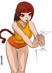 1girls bandana big_breasts big_breasts braid braided_ponytail brown_eyes brown_hair clothed female king_of_fighters light_skin light_skinned_female long_hair open_mouth shorts tank_top yuri_sakazaki