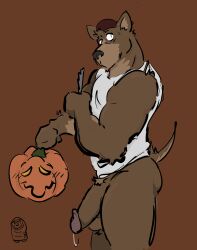 absurd_res anthro ass balls bodily_fluids bottomless canid canine canis clothed clothing dickinoatmeal domestic_dog erection food fruit fur genital_fluids genitals hair halloween hi_res holidays jack-o'-lantern leaking_precum male mammal nervous_sweat penis plant precum pumpkin shirt shirt_only simple_background smile solo tail topwear topwear_only