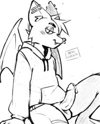 anthro bat bodily_fluids bottomless clothed clothing ear_piercing erection eyeshadow facial_piercing genital_fluids hi_res industrial_piercing looking_at_viewer makeup male mammal nocneko nose_piercing piercing precum septum_piercing sitting solo sweatshirt sweatshirt_only wings