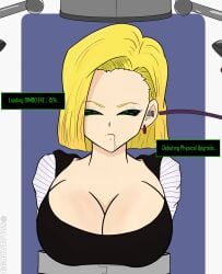 android_18 blonde_hair blue_eyes brainwashing brainwashing_machine breasts comic dialogue dragon_ball dragon_ball_z english_text expressionless identity_death mid-transformation mind_hack restrained salazaru text transformation