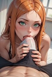 ai_generated blowjob cute green_eyes just_the_tip looking_at_viewer peeking_penis penis_lick red_hair sam_(totally_spies)