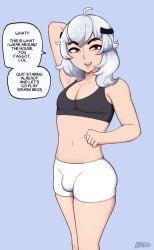 1boy 1boys abarus arvis_(abarus) bulge clothed dialogue exposed_belly femboy feminine_male homophobic_slur no_sex revealing_clothes short_shorts shorts slur solo text text_bubble tight_clothing white_hair