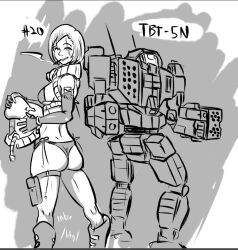 2017 ass battlemech battletech bikini buttpants cigarette helmet inkeranon mech mechwarrior mechwarriorinktober monochrome pinup rear_view scar_over_eye sideboob signature sketch smoking_cigarette solo_female tagme trebuchet_(battlemech)