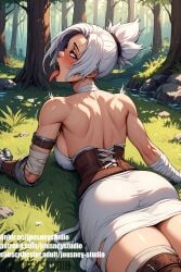 ahe_gao ai-created ai_generated ass back bandages bangs bare_back bare_shoulders blue_eyes blush breasts clothing corset day dress english_text female forest grass grey_eyes jousneystudio large_breasts league_of_legends legwear looking_at_viewer lying nature on_grass on_stomach open_mouth outdoors ponytail riven rock short_hair sideboob solo thighs tied_hair tongue tongue_out tree water watermark white_dress white_hair