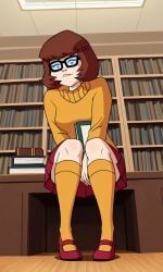 ai_generated breasts brown_hair clothed clothed_female clothing female female_only glasses knee_socks kneehighs kneesocks library looking_at_viewer orange_socks scooby-doo scooby-doo!_mystery_incorporated shoes skirt socks socks_and_shoes solo solo_female velma_dinkley velma_dinkley_(mystery_incorporated)