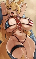 1girls american_flag_bikini big_breasts blonde_hair blush breasts female food food_between_breasts fox_ears fox_girl heterochromia hi_res huge_breasts kitsune legband light-skinned_female light_skin long_hair looking_at_viewer lying lying_on_back mayonnaise mole mole_under_eye narrowed_eyes naughty_face open_mouth original original_character purple_eyes red_eyes sausage sexually_suggestive smiling smiling_at_viewer thick_thighs thigh_squish tongue_out wide_hips zanamaoria