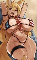 1girls american_flag_bikini big_breasts blonde_hair blush breasts female food food_between_breasts fox_ears fox_girl heterochromia hi_res huge_breasts kitsune legband light-skinned_female light_skin long_hair looking_at_viewer lying lying_on_back mayonnaise mole mole_under_eye narrowed_eyes naughty_face open_mouth original original_character purple_eyes red_eyes sausage sexually_suggestive smile smiling_at_viewer thick_thighs thigh_squish tongue_out wide_hips zanamaoria