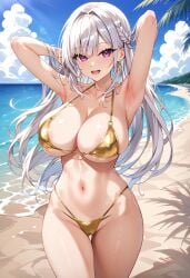 ai_generated ailucius777 armpits beach bikini earrings female golden_bikini large_breasts light-skinned_female long_hair white_hair