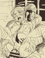 2boys anal anal_sex bandages bar_censor big_penis crying crying_with_eyes_open diseased erection gay gegege_no_kitarou hachimitsu_remon_aji_no_nodo_ame huge_cock kitarou_tanjou_gegege_no_nazo male male_only medama_oyaji_(human) mizuki_(gegege_no_kitarou) monochrome mummy mummy_wrappings necktie open_mouth penis penis_size_difference questionable_consent sketch spread_legs tears thigh_grab yaoi