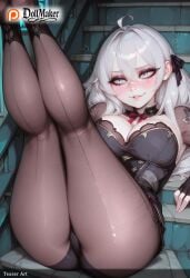 ai_generated ass bangs black_panties blue_eyes blush breasts cleavage dollmaker dollmaker_(artist) eyebrows_visible_through_hair female gloves hair_between_eyes hair_ribbon jacket large_breasts long_hair looking_at_viewer panties pantyhose patreon_logo patreon_username ribbon silver_hair smile solo tagme twintails underwear watermark web_address