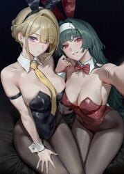 2girls absurdres amiki_yuzuru animal_ears arm_strap astra_yao bare_shoulders black_background black_leotard blonde_hair blush bow bowtie breasts brown_pantyhose cleavage detached_collar earrings evelyn_chevalier fake_animal_ears hairband highleg highleg_leotard highres jewelry large_breasts leotard long_hair looking_at_viewer mole mole_under_eye multiple_girls necktie pantyhose parted_lips playboy_bunny purple_eyes rabbit_ears reaching_towards_viewer red_bow red_bowtie red_eyes red_leotard sitting smile strapless strapless_leotard thighs wrist_cuffs yellow_necktie zenless_zone_zero