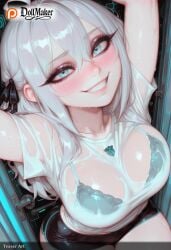 ai_generated blue_eyes blush bra bra_visible_through_clothes breasts cleavage dollmaker dollmaker_(artist) eyebrows_visible_through_hair female hair_between_eyes hair_ribbon heart heart-shaped_pupils large_breasts long_hair looking_at_viewer patreon_username ribbon see-through shirt silver_hair smile solo symbol-shaped_pupils tagme underwear very_long_hair wet wet_clothes wet_shirt