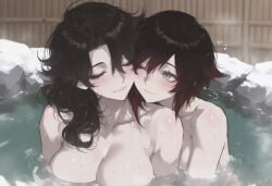 ai_generated big_breasts black_hair cinder_fall kizirugai onsen rwby yuri