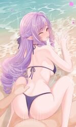1boy ahoge beach bikini bikini_bottom_aside breasts clothing_aside commentary_request feet_out_of_frame female from_behind grabbing_from_behind heart highres long_hair medium_breasts motion_lines one_eye_closed outdoors paid_reward_available pointy_ears purple_bikini purple_eyes red_eyes sex sex_from_behind sitting speed_lines straight swimsuit vaginal_penetration very_long_hair vivian_banshee wariza water welo zenless_zone_zero