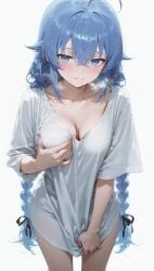 1girls ai_generated blue_hair embarrassed female grabbing_own_breast mushoku_tensei pixiv pulling_shirt_down roxy_migurdia shirt_only small_breasts