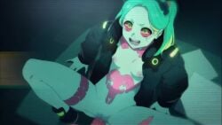 1boy 1girls animated arm_support black_jacket breasts censored colored_sclera cyberpunk_(series) cyberpunk_edgerunners cyborg excited female foot_out_of_frame fray_(fray_arts) fray_arts from_above green_eyes green_hair jacket leaning_back leg_tattoo long_hair long_sleeves longer_than_10_seconds looking_at_viewer looking_up macstarva matching_hair/eyes naked_jacket neck_tattoo nipples nose open_clothes open_jacket open_mouth penis pov pov_crotch pov_hands pussy rebecca_(cyberpunk) red_sclera sex shoes shorter_than_30_seconds sitting small_breasts smile sneakers solo_focus sound spread_legs stomach_tattoo straight tagme tattoo teeth twintails uncensored vaginal_penetration video