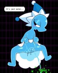 absurd_res ass blue_body blush bodily_fluids clothed clothing clothing_lift darkner deltarune digital_media_(artwork) elemental_creature female floating genital_fluids genitals hat headgear headwear hi_res humanoid looking_away mizzle_(deltarune) nude peeing presenting simple_background solo speech_bubble spread_legs spreading text undertale_(series) unusual_bodily_fluids unusual_genital_fluids unusual_urine urine urine_stream vaginal_fluids vetero vulva water water_creature watersports