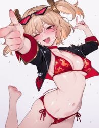 bikini blonde_hair burnice_white finger_gun medium_breasts midriff one_foot_raised pubic_hair_peek qiandaiyiyu swimsuit zenless_zone_zero