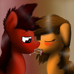 blush brown_fur brown_hair closed_eyes cum cum_in_mouth cum_inside female fur hair kissing male mars_miner marsminer multicolored_background my_little_pony open_mouth original_character red_eyes red_fur red_hair straight tongue tongue_out venus_spring