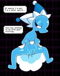 absurd_res ass blue_body blush bodily_fluids clothed clothing clothing_lift darkner deltarune digital_media_(artwork) elemental_creature female floating genital_fluids genitals hat headgear headwear hi_res humanoid looking_away mizzle_(deltarune) nude presenting simple_background solo speech_bubble spread_legs spreading text undertale_(series) vaginal_fluids vetero vulva water water_creature