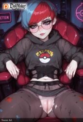 ai_generated armchair blush car_interior chair couch dollmaker dollmaker_(artist) female freckles glasses hood hood_down hoodie lips logo looking_at_viewer multicolored_hair navel panties pantyhose patreon_logo patreon_username reclining red_hair short_hair sitting solo spread_legs star_print tagme torn_clothes torn_legwear two-tone_hair underwear