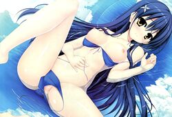 akizuki_tsukasa bikini black_hair blush breasts haruka_kanata long_hair nipples sorahane swimsuit tagme_(character) water