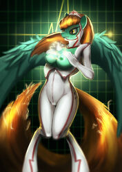 animal_ears anthro blonde_hair bodysuit breasts clothes color electricity equine female female_only friendship_is_magic front_view fur furry furry_breasts green_fur hair horse_ears lightning_dust_(mlp) my_little_pony nipples nurse nurse_cap open_clothes open_eyes pegasus pointy_ears solo tail unbuttoned wings yellow_eyes zolombo