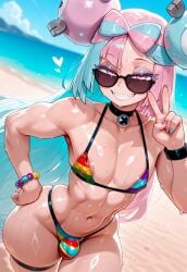 1boy 1femboy 2025 ai_generated areola areola_slip ass beach benero big_ass bikini bulge crossdressing erect_nipples femboy femboy_only feminine_male genderswap_(ftm) girly hand_on_hip hand_on_own_hip hourglass_figure iono_(pokemon) looking_at_viewer male nipples nipples_visible_through_bikini outdoors outside peace_sign pokemon rule_63 standing trap v v_sign wide_hips
