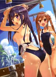 2girls ass back bare_shoulders blue_hair blue_sky blush breasts brown_hair censor_hair chiba_sadoru cleavage cloud competition_swimsuit convenient_censoring hair_ornament hairclip high_resolution long_hair looking_back mole multiple_girls one-piece_swimsuit open_mouth original purple_eyes shower sideboob sky smile strap_slip swimsuit swimsuit_pull thigh_gap thighs tied_hair twintails water water_drop wet