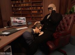 2boys 3d 3d_(artwork) albert_wesker bald bald_man black_mask blowjob chair clothed clothed_male dick_out dick_out_of_pants gay glasses jack_krauser male/male male_only mask office oral_sex orionangel7 phone_call resident_evil submissive submissive_male sucking_cock sucking_dick sucking_penis under_desk under_table_oral under_the_desk under_the_table watching_porn watching_video yaoi