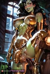 1boy 1futa ai_generated anal anal_sex areola areola_slip balls ballsack black_areola black_hair black_nipples blush bulge dickgirl disney disney_channel dress earrings flaccid flaccid_penis flaccid_while_penetrated futa_focus futanari gold_dress gold_high_heels gold_thighhighs green_body green_eyes green_skin interracial kim_possible leg_up makeup male_on_futa manofmidas navel precum shego sleeves standing_on_one_leg standing_sex thighhighs