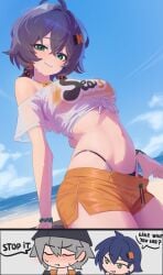 1girls anonds31 beach beachwear belle_(zenless_zone_zero) belly belly_button blue_eyes blue_hair blush brother_and_sister english_text female female_only hat hoyoverse mihoyo shorts siblings sister tagme text thighs tummy wise_(zenless_zone_zero) zenless_zone_zero