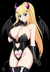 cosplay darkness_(konosuba) hfxpins kono_subarashii_sekai_ni_shukufuku_wo! konosuba seductive_smile succubus succubus_costume succubus_horns succubus_tail succubus_tattoo succubus_wings yellow_hair