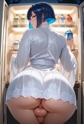 1femboy 2026 ai_generated ass_focus backsack big_ass blue_eyes blue_hair fat_ass fridge huge_ass lace_trim looking_back louie_blue milk_carton nightgown original_character satin scrotum small_penis