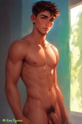 ai_generated athletic athletic_male balls ballsack dark_hair erect_penis erection green_eyes male male_only naked naked_male nude nude_male nudity penis solo solo_male tan_body tan_skin