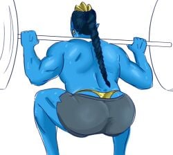 back_view big_butt big_muscles black_hair blue_skin braided_hair braided_ponytail earrings gold_thong grey_shorts gym_shorts just_dance just_dance_2023 lifting_weights muscular_male squatting sweaty_body sweaty_muscles thong ubisoft view_from_behind visible_thong wanderlust_(just_dance)