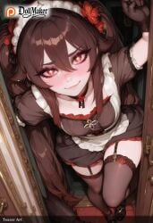 ai_generated apron blush breasts brown_hair character_name dollmaker dollmaker_(artist) downblouse dress female flower garter_straps gloves hair_between_eyes hair_flower hair_ornament hu_tao_(genshin_impact) long_hair looking_at_viewer maid maid_apron maid_headdress red_eyes shoes solo tagme thigh_strap thighhighs twintails