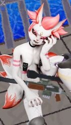 3d_(artwork) band-aid clothing epic_games female fortnite gun happy jewelry kimiko_five-tails looking_at_viewer mixed_media multi_tail nails outside pasties red_hair smile solo stikcs water watermark white_body white_fur
