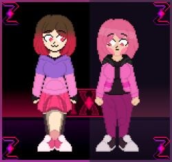 2futas big_penis blush brown_hair bulge_through_clothing clothed futa_only futanari gloves hanging_penis hoodie jacket netty_(zixy) penis pink_eyes pink_hair pixel_art self_upload shoes skirt standing undertale undertale_(series) z!betty zixy