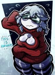 breast_leak breasts covering_breasts diddlydooter1 dinkdiddly glasses murder_drones nerd nerdy_female nervous no_bra no_panties pussy_leaking sweater thick_ass thick_breasts thick_butt thick_thighs thighs v_(murder_drones) v_worker_drone