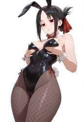 1girls ai_generated black_clothing black_hair breasts bunny_ears bunnysuit collarbone eyebrows female hips kaguya-sama_wa_kokurasetai_~tensai-tachi_no_renai_zunousen~ navel navel_visible_through_clothes pantyhose red_eyes reikarts ribbon shinomiya_kaguya standing thick_thighs thighs white_background wide_hips