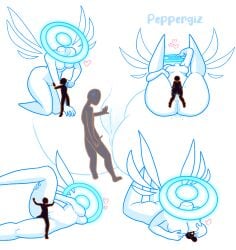 angel angel_(worldless) anonymous_male between_breasts breasts cuddling from_side giantess halo heart_symbol holding_leg hot_dog_down_a_hallway hugging larger_female larger_penetrated medium_breasts missionary_position multiple_positions no_background object_head peppergiz pussy pussy_juice self_upload size_difference small_penis small_penis_adoration smaller_male sweatdrop wings worldless zoom_in