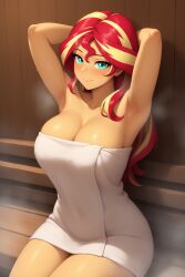 1girls ai_generated armpits arms_behind_head big_breasts breasts cleavage equestria_girls female female_only friendship_is_magic hasbro large_breasts looking_at_viewer my_little_pony nai_diffusion naked_towel novelai sauna sitting sole_female solo stable_diffusion steam steamy sunset_shimmer thighs towel