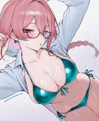 big_breasts blue_bikini blush curvy glasses midriff pink_hair qiandaiyiyu tsukishiro_yanagi wet wet_body wet_skin zenless_zone_zero