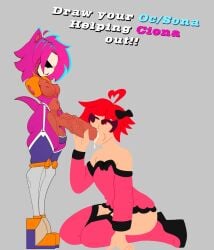 blowjob ciona_(oc) clothed_sex coco_(oc) collaboration floating_hands futa_on_female futanari heart-shaped_pupils leotard mask masked masked_female mobian_(species) orgasm orgasm_from_oral pink_fur pink_hair pubic_hair red_hair silencioarthub swisschocoart