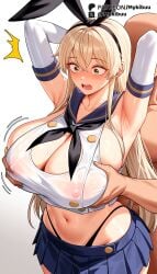 1boy ai_generated alternate_breast_size armpits arms_behind_head arms_up black_hairband black_neckerchief black_panties blonde_hair blue_sailor_collar blue_skirt blush breasts cleavage covered_nipples crop_top elbow_gloves faceless faceless_male female gloves grabbing grabbing_another's_breast grabbing_from_behind green_eyes hair_between_eyes hairband highleg highleg_panties huge_breasts long_hair microskirt miniskirt mykibuu navel neckerchief nipples open_mouth panties pleated_skirt sailor_collar see-through serafuku shimakaze_(kancolle) shimakaze_(kancolle)_(cosplay) shirt skirt solo_focus stomach straight striped_clothes surprised sweat thighhighs thong underwear white_gloves